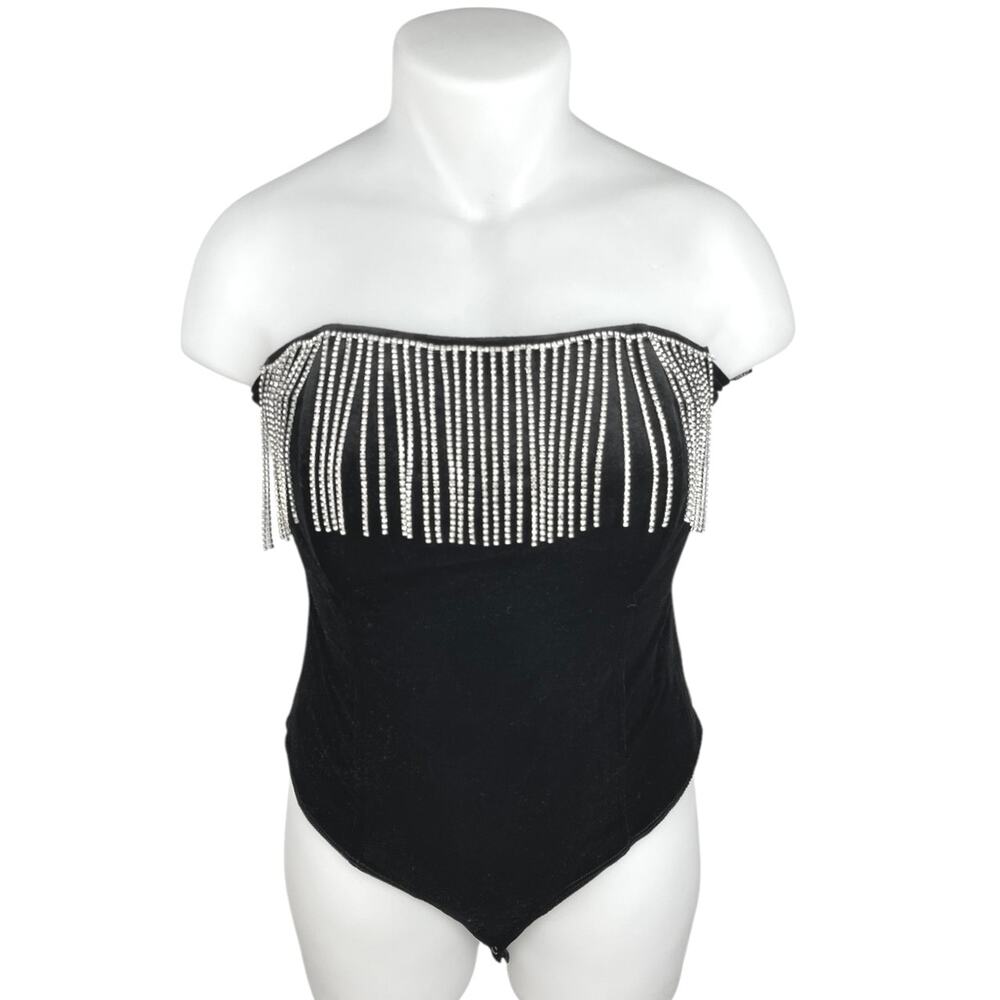 Forever 21 Black Velvet Velour Fringe Rhinestone Strapless Tube Bodysuit Top 1X